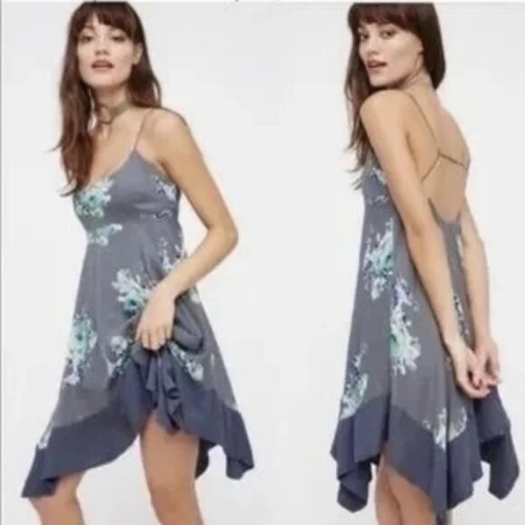 🌸 Free People Faded Bloom Mini Slip handkerchief hem Dress grey XS - Picture 1 of 5